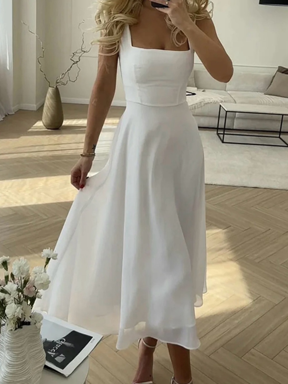 Commense White Square Neck Semi-Sheer Midi Dress Large NWT